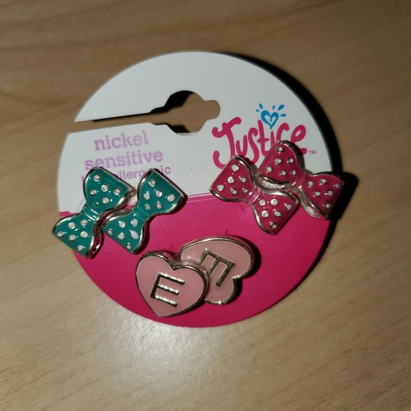 Justice Earrings set of 3 with E initial in a set